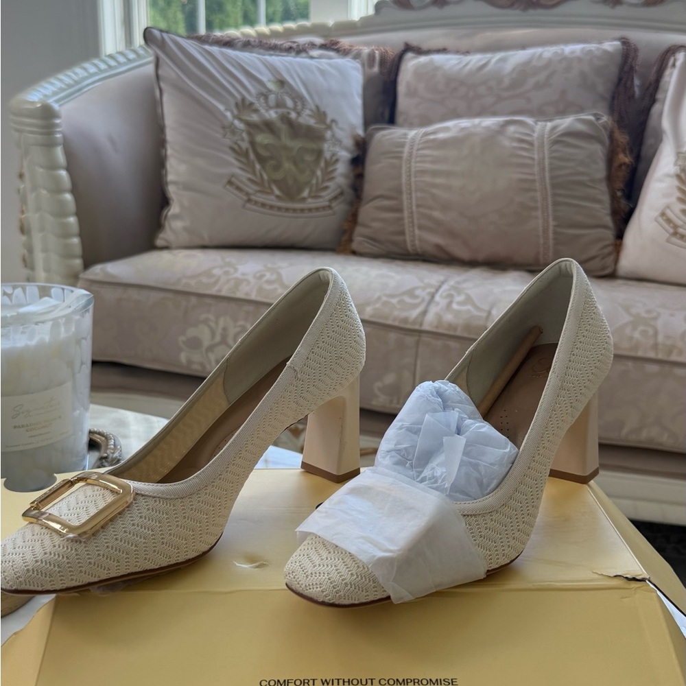 Ivory Textured Block Heel Pumps with Gold Buckle